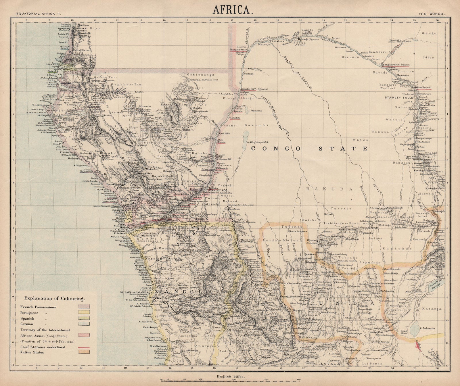 CENTRAL AFRICA. International African Association (Congo) Gabon Angola 1889 map